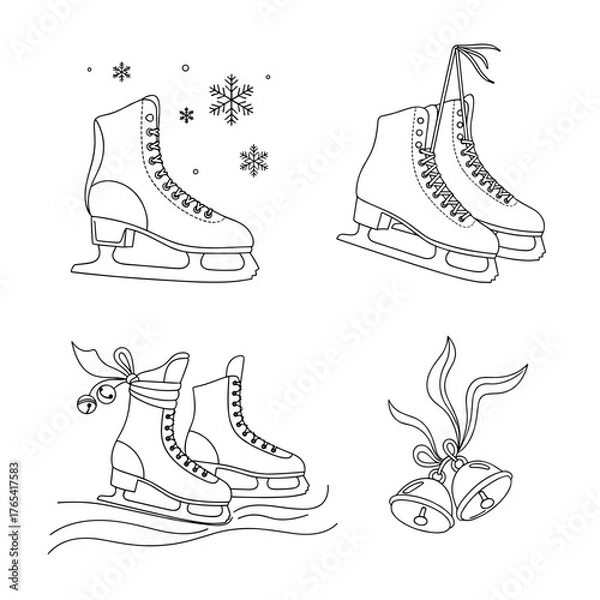 Obraz Set of ice skates with snowflakes and bells, winter sports and holiday decoration