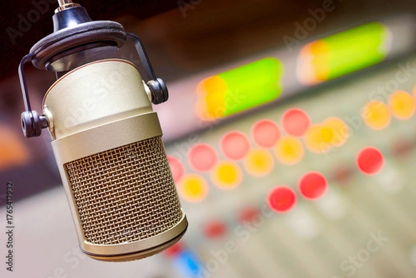 Fototapeta Professional microphone and sound mixer in radio studio