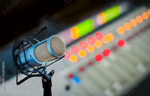 Fototapeta Professional microphone and sound mixer in radio studio