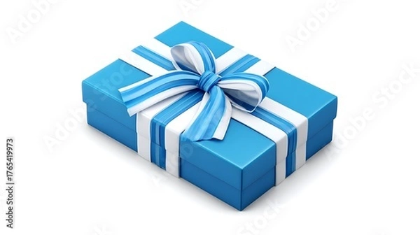 Fototapeta Blue gift box sits on white background. Present with ribbon and bow for marketing, graphic design, web.