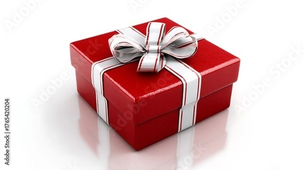Fototapeta Red gift box sits on white. Use for marketing, design and web.