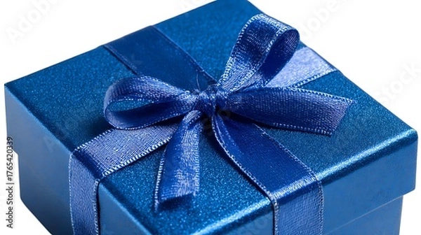 Fototapeta Blue gift box sits isolated with a tied bow. Great for marketing, Christmas, birthdays, web design, and editorial use.