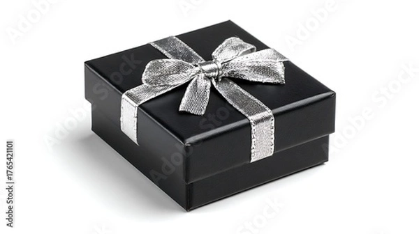 Fototapeta Presents a black gift box with a silver ribbon, isolated on white. Use for holidays, anniversaries, marketing, promotions, and website banners.