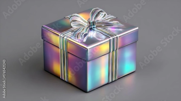 Fototapeta Iridescent gift box sits on grey background. Useful for marketing, web design, and holiday promotions.