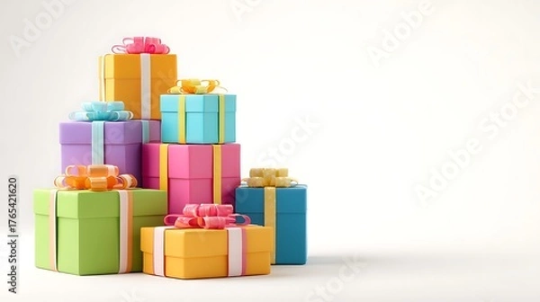 Fototapeta Colorful gift boxes stack. Use for birthday, holidays, marketing, web design. 3D render style, bright background.