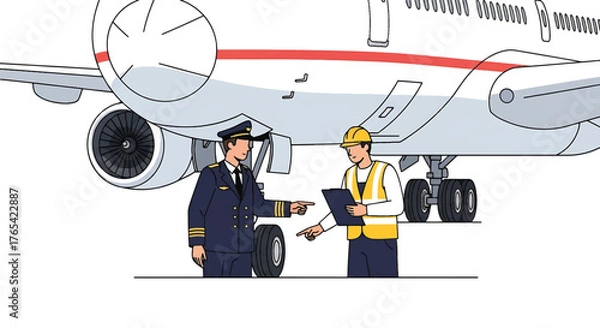 Fototapeta Illustration of an airline pilot and a ground crew member discussing a clipboard in front of a large airplane.
