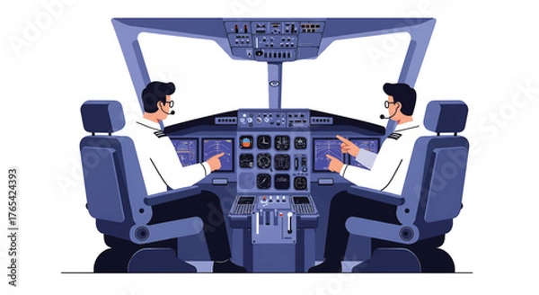 Fototapeta Two pilots sitting in an airplane cockpit with control panels and instruments.