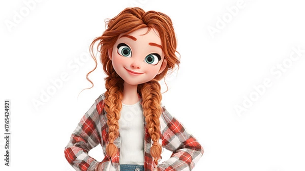 Fototapeta A spirited redhead girl with braided pigtails freckled face and a warm smile radiating on transparent background