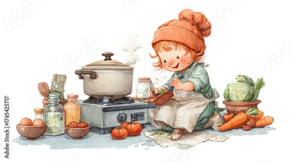 Fototapeta A sweet child smiles while happily stirring a pot of freshly prepared vegetables in a cozy on transparent background