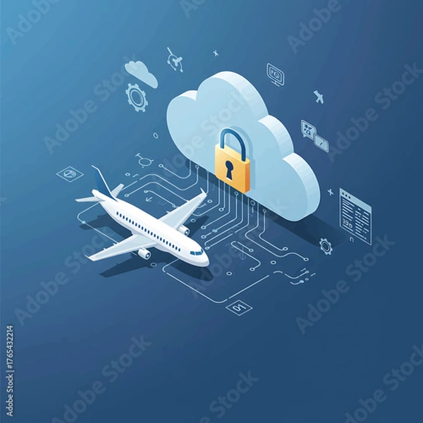 Fototapeta Isometric illustration of a white airplane flying towards a cloud with a padlock surrounded by circuit board and aviation icons on a blue background.