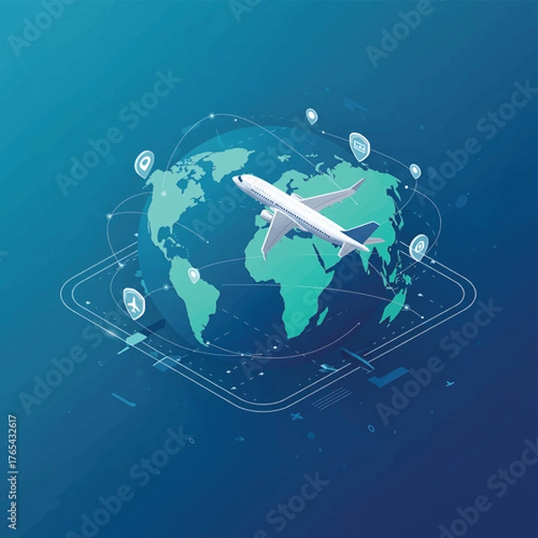 Fototapeta Illustration of a white airplane flying over a teal world map with travel icons on a blue gradient background.