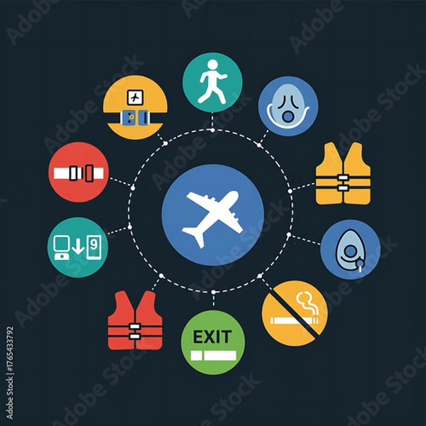 Fototapeta Infographic of airport safety features and travel icons surrounding an airplane symbol on a dark background.