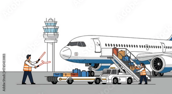 Fototapeta Illustration of ground crew members loading luggage into a passenger airplane at an airport gate with a control tower in the background.