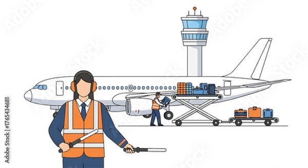 Fototapeta Illustration of an airport ground crew member wearing an orange safety vest and headset standing in front of a white airplane with a control tower in