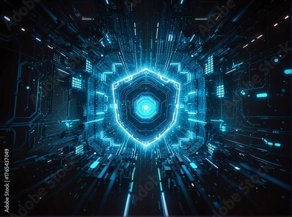 Fototapeta A futuristic, cybernetic tunnel illuminated by glowing blue circuitry and a central hexagonal shield emblem  symbolizing advanced technology, digital security, or immersive virtual reality.