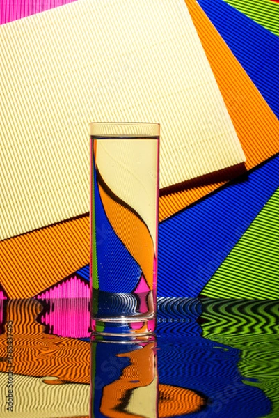 Obraz Abstract still life with a glass of water on a color bright background