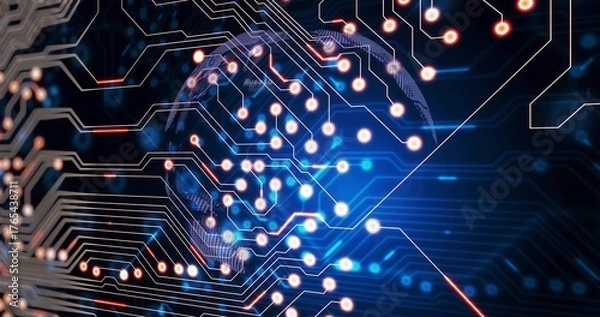 Obraz Displaying digital mesh globe emitting blue beams in virtual network, with glowing circuit traces