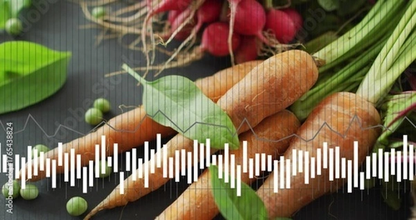 Fototapeta Displaying green-topped carrots resting on dark surface, with radishes, peas, white audio waveform