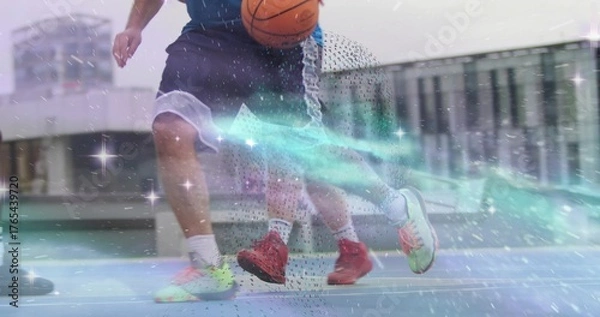 Fototapeta Basketball players dribbling and guarding on outdoor court, wearing sports shorts, neon sneakers