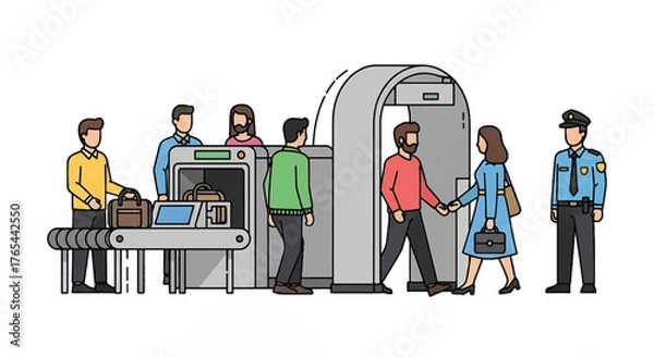 Fototapeta Illustration of people going through airport security screening with a metal detector and baggage check