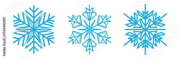 Fototapeta Three blue snowflakes in different designs on white background  