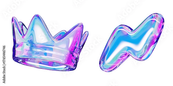 Fototapeta Crystal holographic y2k crown and lightning bolt icon with bright neon gradient isolated on black background. Render 3d set of liquid glass abstract shapes in retro futuristic style