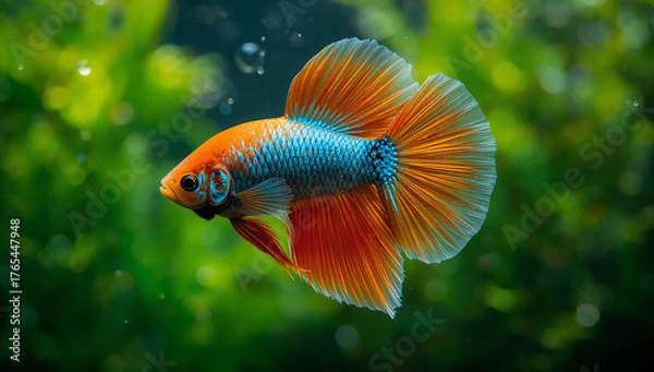 Fototapeta Dazzling Blue and Orange Goldfish in Lush Aquatic Setting