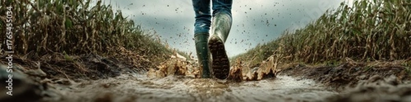 Obraz Boots Walking Through Mud in a Field: Dynamic Agricultural Work