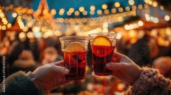 Obraz Mulled Wine Toast at a Christmas Market with Festive Bokeh