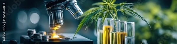 Obraz Cannabis and extracts in beakers in scientific laboratory next to microscope