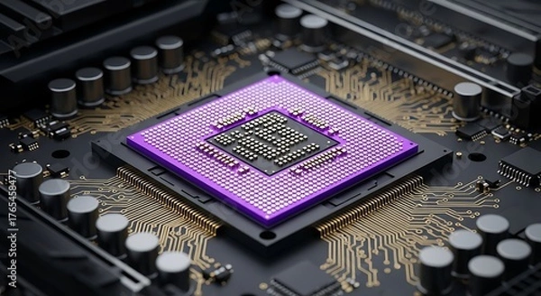 Fototapeta Closeup view of a modern computer processor cpu with purple accents, highlighting its intricate circuitry and components on a motherboard, representing technology and innovation