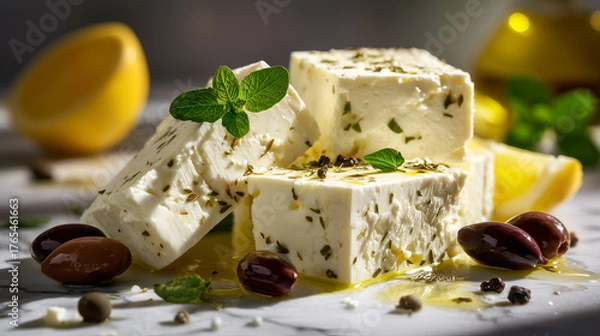 Obraz Feta blocks with oregano, olive oil, olives, mint, and lemon wedges. Ideal for editorial, culinary, Mediterranean, or fresh food photography themes.