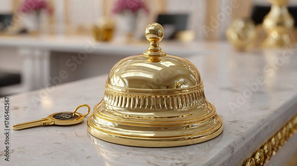 Fototapeta Service, hotel concept. Golden reception bell and hotel key on hotel reception desk