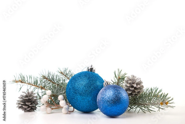 Fototapeta Christmas card with fir branches and Christmas decorations. Copy space