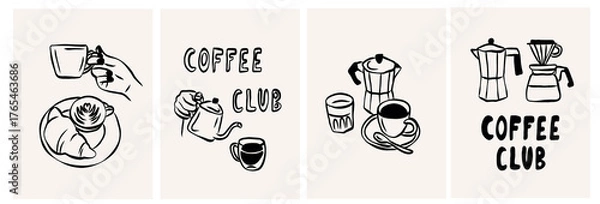 Obraz Set of outline coffee posters. Line art drawing
