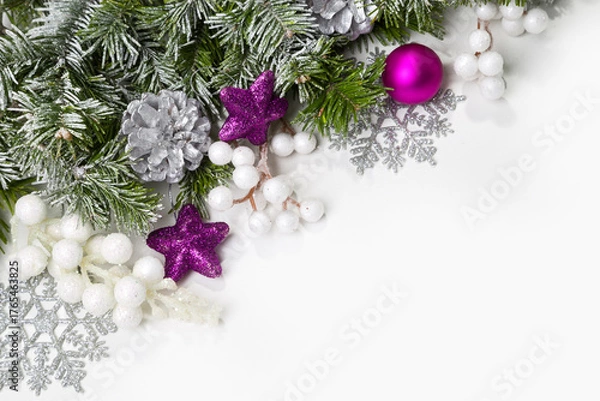 Fototapeta Christmas card with fir branches and Christmas decorations