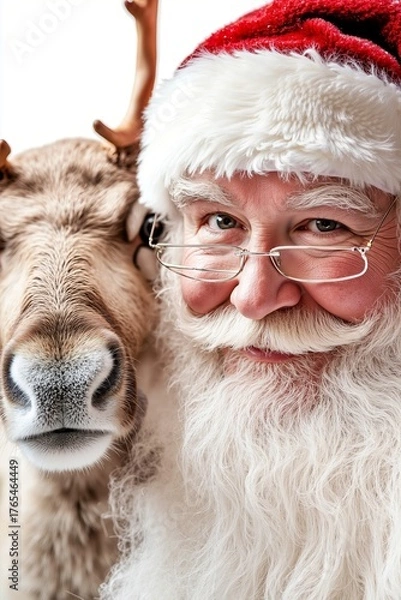 Fototapeta A man in a santa claus hat and glasses with a reindeer behind him