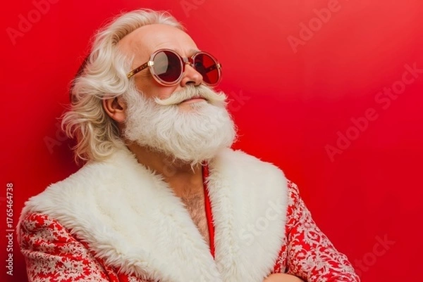 Fototapeta A man with a white beard and sunglasses on a red background