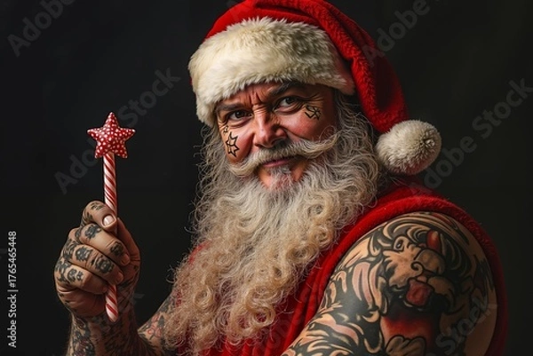 Fototapeta A man dressed as Santa Claus holding a candy cane