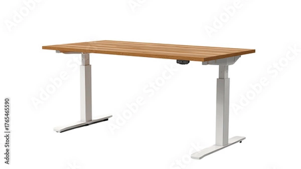 Fototapeta Oak desk with white legs, adjustable height, against black background
