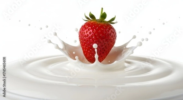 Fototapeta A fresh strawberry falls into a splash of milk on a white background.