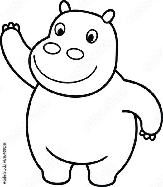 Fototapeta Happy Hippo Waving Its Little Hand Joyful Animal Cartoon For Kids Art COLORING PAGE OUTLINT LINR ART