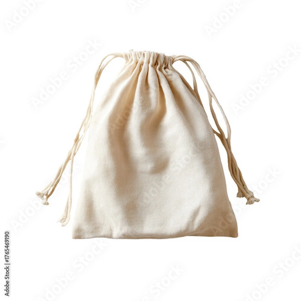 Fototapeta Small, beige drawstring bag isolated on black