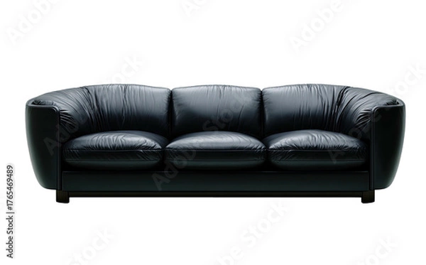 Fototapeta Elegant black leather sofa with rounded arms against a dark background