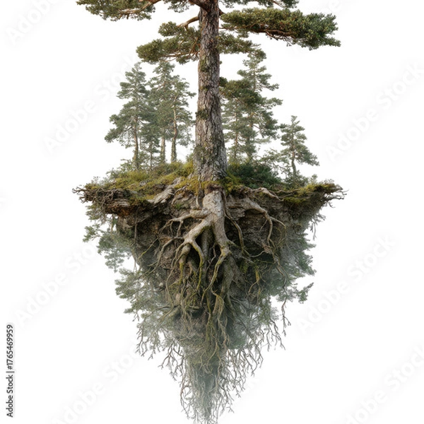 Fototapeta Upside-down forest tree, roots exposed, surreal and fantastical scene