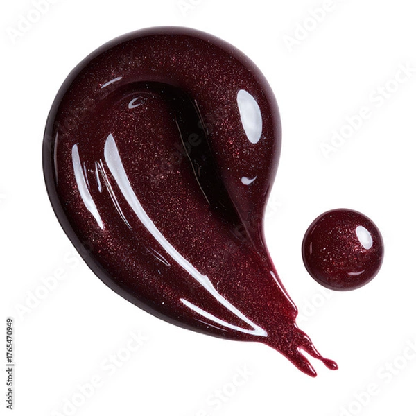 Fototapeta Shiny maroon fluid swirl with small dot on a plain black background