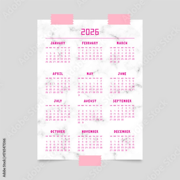 Fototapeta Calendar for 2026 year on poster mockup with marble pattern