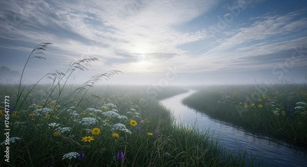 Obraz Serene River Landscape with Fog and Wildflowers at Dawn.