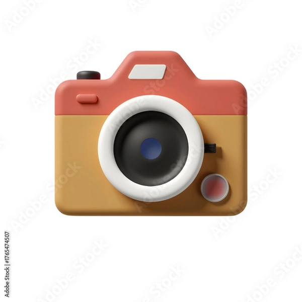 Fototapeta 3D orange and yellow vintage camera icon with white lens ring and button