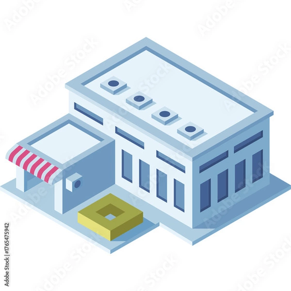 Fototapeta Isometric Pixel Art Representation of a Light Blue Commercial Building With Red Striped Awning and Yellow Square Feature on Transparent Background